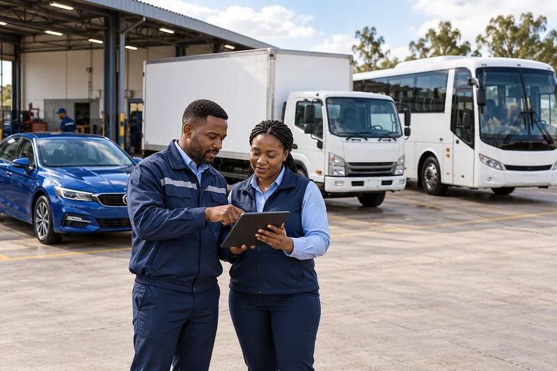 Fleet team coordinating cars, trucks and buses